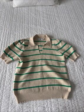 Greylin Beige Polo Top with Green Stripes